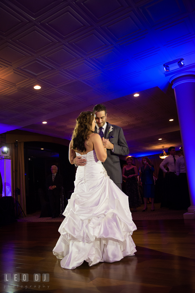 Bride dancing in Groom's arms. Harbour View Events Woodbridge Virginia wedding ceremony and reception photo, by wedding photographers of Leo Dj Photography. http://leodjphoto.com