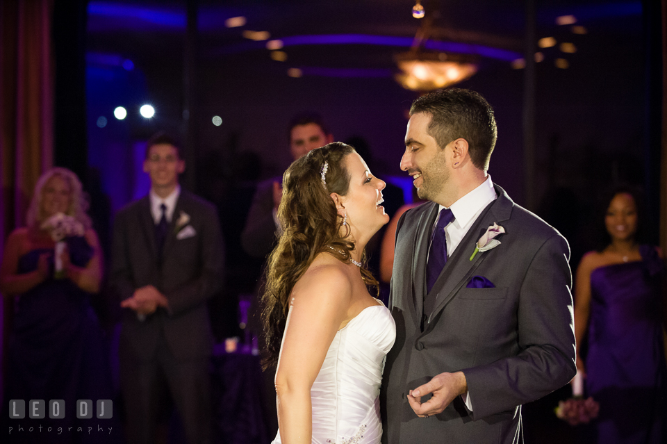 Bride and Groom laughing during First Dance. Harbour View Events Woodbridge Virginia wedding ceremony and reception photo, by wedding photographers of Leo Dj Photography. http://leodjphoto.com