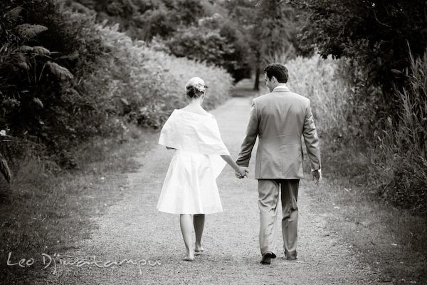 bride groom bare foot walking along gravel path. Annapolis Kent Island MD Modern Intimate Candid Posed Photojournalistic Style Wedding Photographer