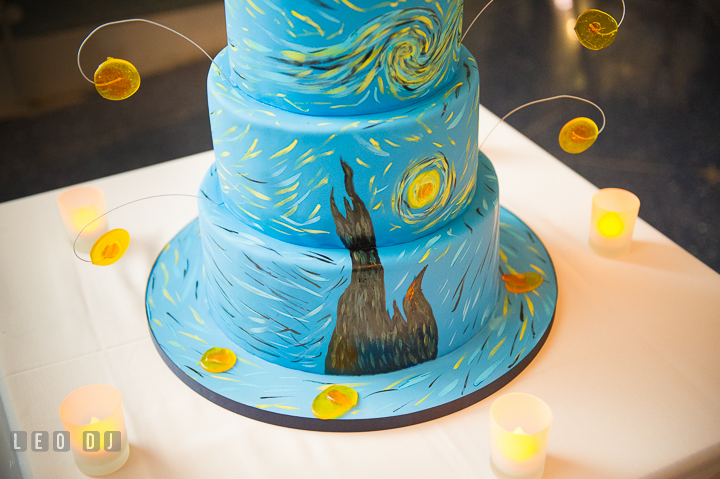 Detail shot of Wedding cake by Sherry's Cakes and Bakes with decoration inspired by Starry Night painting from Vincent van Gogh. Baltimore Maryland Science Center wedding reception and ceremony photo, by wedding photographers of Leo Dj Photography. http://leodjphoto.com