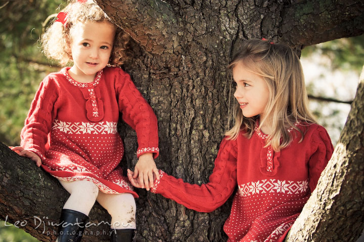 two girls with red dress posing for Christmas card for grandparents, grandma and grandpa. Candid children photographer St Michael Tilghman Island MD