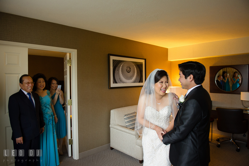 Hidden Creek Country Club Bride and Groom's laughing during first look photo by Leo Dj Photography