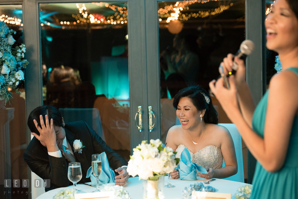 Hidden Creek Country Club Bride and Groom laughing hearing toast speech photo by Leo Dj Photography