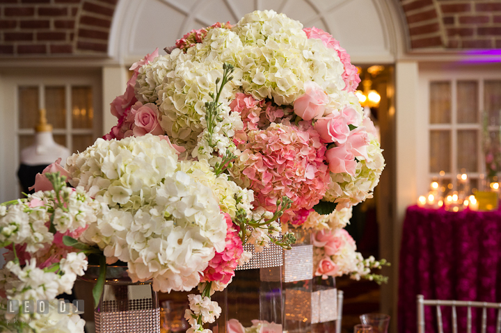 Large white and pink hydrangea flower and roses. Historic Inns of Annapolis wedding bridal fair photos at Calvert House by photographers of Leo Dj Photography. http://leodjphoto.com