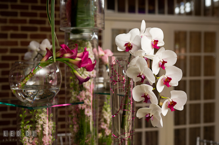 White and purple orchids with purple lilly flowers. Historic Inns of Annapolis wedding bridal fair photos at Calvert House by photographers of Leo Dj Photography. http://leodjphoto.com