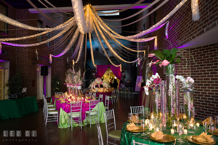 Several table setups with unique centerpieces in the Atrium. Historic Inns of Annapolis wedding bridal fair photos at Calvert House by photographers of Leo Dj Photography. http://leodjphoto.com