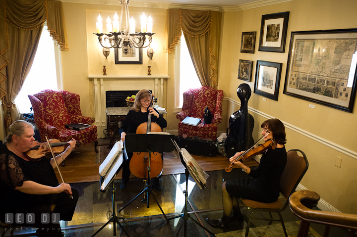 String trio playing music in the glass room. Historic Inns of Annapolis wedding bridal fair photos at Calvert House by photographers of Leo Dj Photography. http://leodjphoto.com