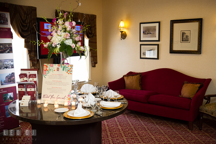 Simple table setup at the hallway. Historic Inns of Annapolis wedding bridal fair photos at Calvert House by photographers of Leo Dj Photography. http://leodjphoto.com