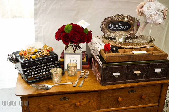 Old typewriter, silverware, and antique drawers from 2hands studios. Historic Inns of Annapolis wedding bridal fair photos at Calvert House by photographers of Leo Dj Photography. http://leodjphoto.com