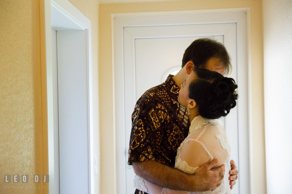 Groom and Bride hugging during their first glance. Landgrafen Restaurant, Jena, Germany, wedding reception and ceremony photo, by wedding photographers of Leo Dj Photography. http://leodjphoto.com