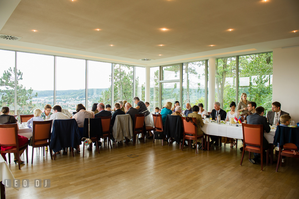 The dining hall with perfect view of the beautiful city of Jena. Landgrafen Restaurant, Jena, Germany, wedding reception and ceremony photo, by wedding photographers of Leo Dj Photography. http://leodjphoto.com