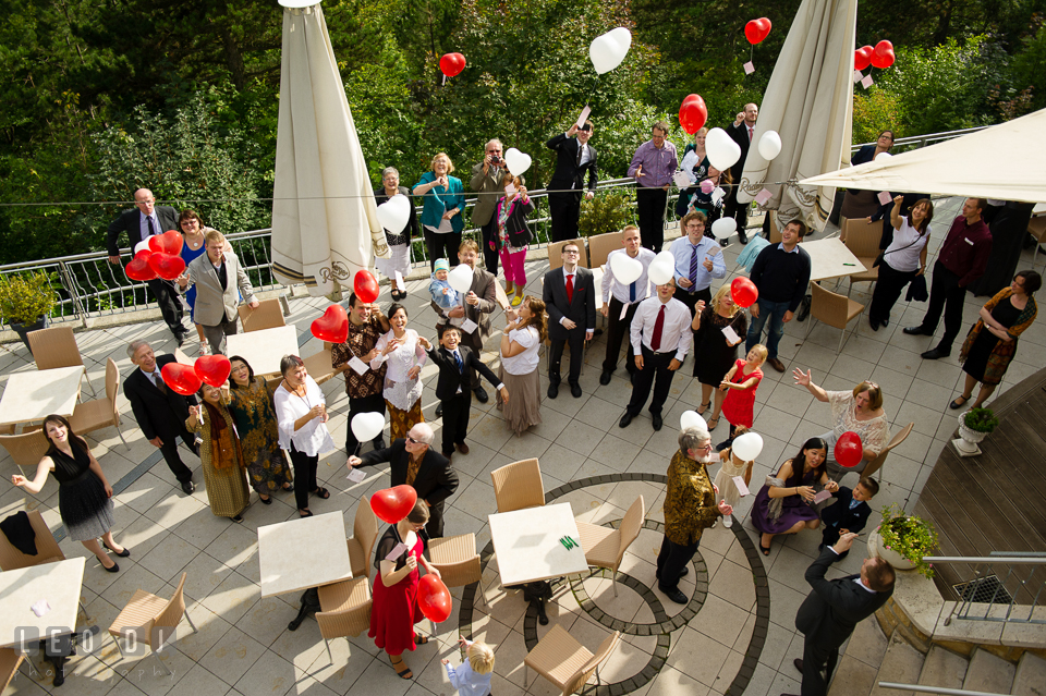 Guests released the balloons with written postcards attached for the newlywed couple. Landgrafen Restaurant, Jena, Germany, wedding reception and ceremony photo, by wedding photographers of Leo Dj Photography. http://leodjphoto.com