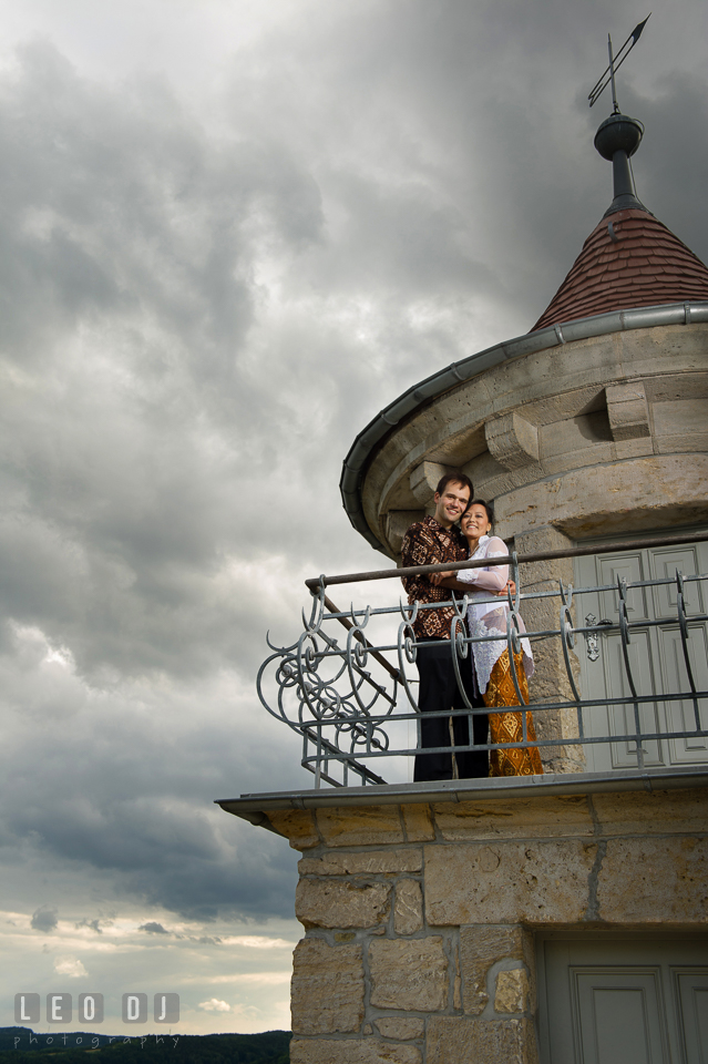 The Bride and Groom looking at the panorama of Jena. Landgrafen Restaurant, Jena, Germany, wedding reception and ceremony photo, by wedding photographers of Leo Dj Photography. http://leodjphoto.com