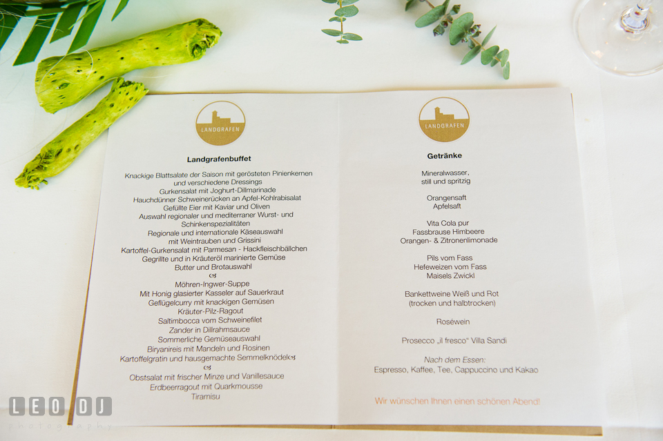 Menu served during the wedding reception. Landgrafen Restaurant, Jena, Germany, wedding reception and ceremony photo, by wedding photographers of Leo Dj Photography. http://leodjphoto.com