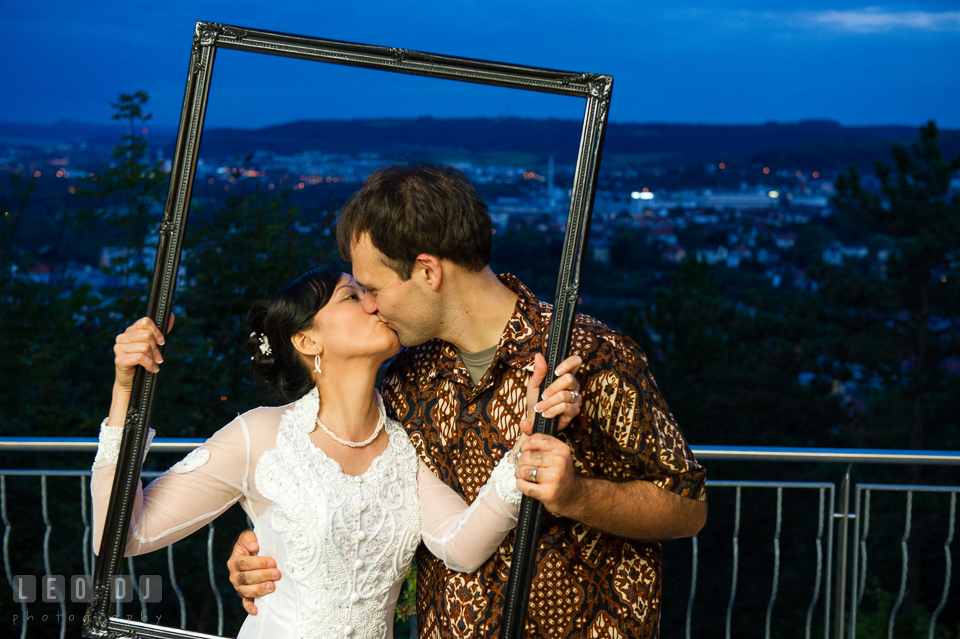 The Bride and Groom kissing at their own photo booth session. Landgrafen Restaurant, Jena, Germany, wedding reception and ceremony photo, by wedding photographers of Leo Dj Photography. http://leodjphoto.com