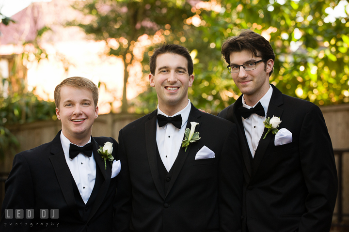 Group shot of Groom with Best Man and Groomsman. Historic Inns of Annapolis, Governor Calvert House wedding Maryland, by wedding photographers of Leo Dj Photography. http://leodjphoto.com