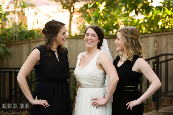 Group shot of Bride with Maid of Honor and Bridesmaid. Historic Inns of Annapolis, Governor Calvert House wedding Maryland, by wedding photographers of Leo Dj Photography. http://leodjphoto.com