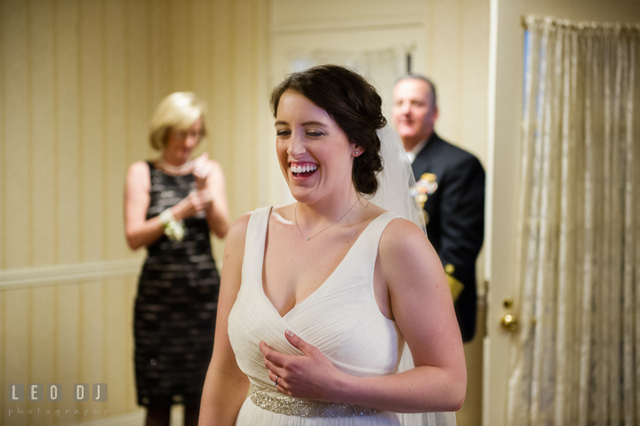 Bride ready with wedding gown anxiously waiting to meet her uncle. Historic Inns of Annapolis, Governor Calvert House wedding Maryland, by wedding photographers of Leo Dj Photography. http://leodjphoto.com