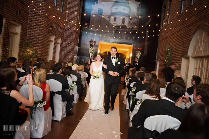 Bride and Groom walking out of the aisle during recessional ceremony. Historic Inns of Annapolis, Governor Calvert House wedding Maryland, by wedding photographers of Leo Dj Photography. http://leodjphoto.com