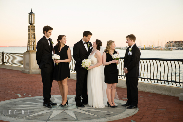 Group shot of Bride and Groom with their Bridal and Groom wedding party at the US Naval Academy. Historic Inns of Annapolis, Governor Calvert House wedding Maryland, by wedding photographers of Leo Dj Photography. http://leodjphoto.com