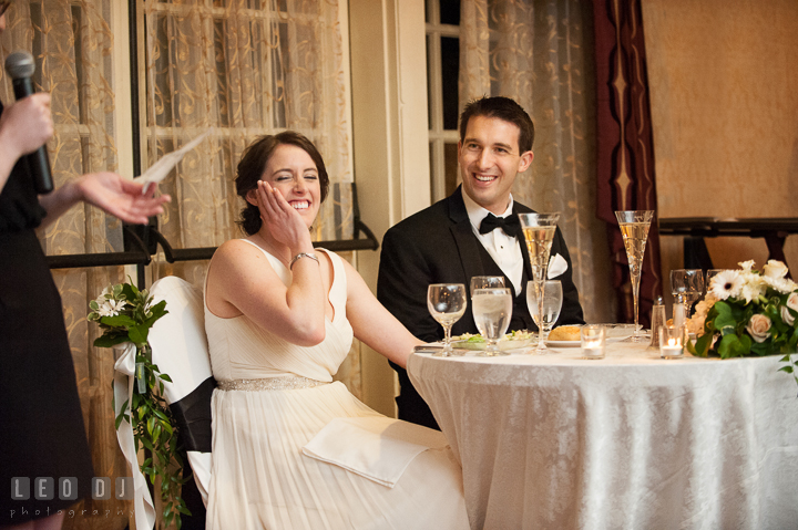 Bride and Groom laughing listening to toast speech from Maid of Honor. Historic Inns of Annapolis, Governor Calvert House wedding Maryland, by wedding photographers of Leo Dj Photography. http://leodjphoto.com