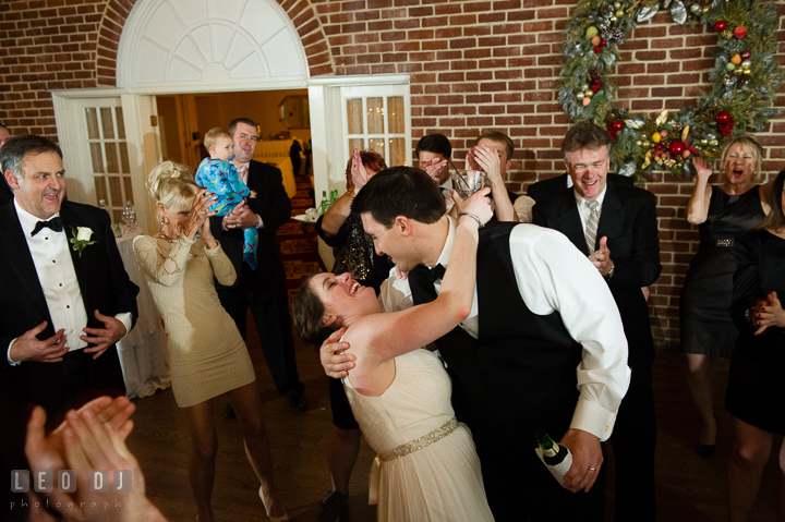 Bride dancing with Groom and doing the dip. Historic Inns of Annapolis, Governor Calvert House wedding Maryland, by wedding photographers of Leo Dj Photography. http://leodjphoto.com