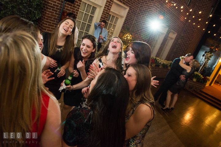 Bride and her friends singing to their favorite song played by Dj Chris Temple from C&J Entertainment. Historic Inns of Annapolis, Governor Calvert House wedding Maryland, by wedding photographers of Leo Dj Photography. http://leodjphoto.com