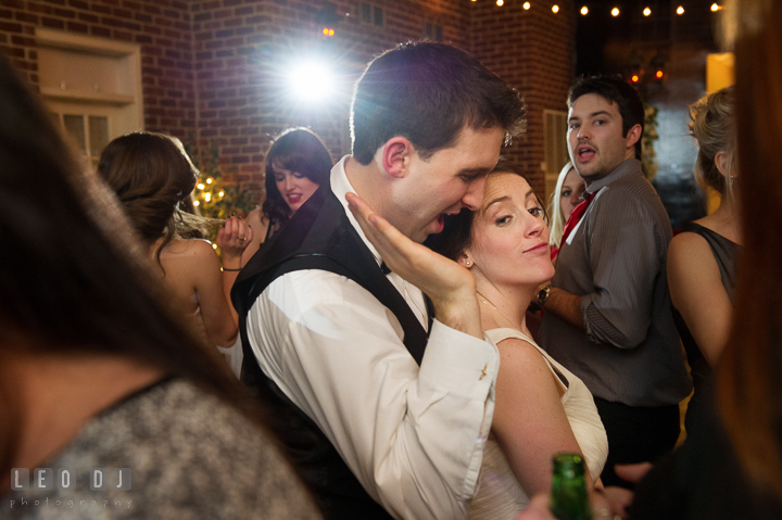 Bride and Groom having fun and dancing. Historic Inns of Annapolis, Governor Calvert House wedding Maryland, by wedding photographers of Leo Dj Photography. http://leodjphoto.com