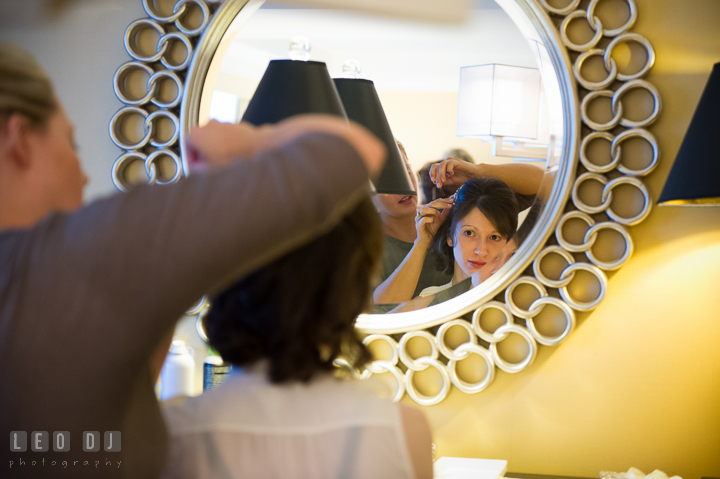 Reflection in mirror of Bride getting her hair done. Falls Church Virginia 2941 Restaurant wedding ceremony photo, by wedding photographers of Leo Dj Photography. http://leodjphoto.com