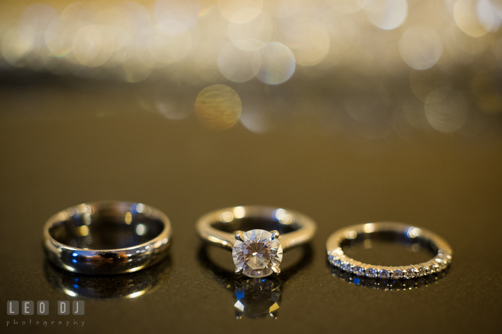 Close up detail shot of Bride and Groom's wedding bands and engagement ring. Falls Church Virginia 2941 Restaurant wedding ceremony photo, by wedding photographers of Leo Dj Photography. http://leodjphoto.com