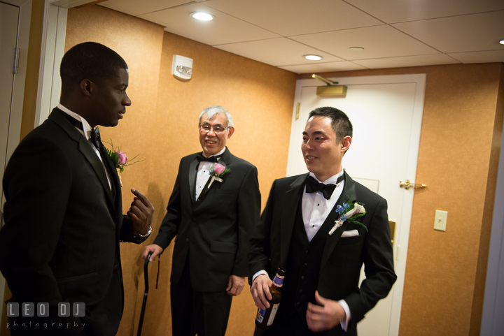 Groom, Best Man, and Father of Groom at hotel ready to depart. Falls Church Virginia 2941 Restaurant wedding ceremony photo, by wedding photographers of Leo Dj Photography. http://leodjphoto.com