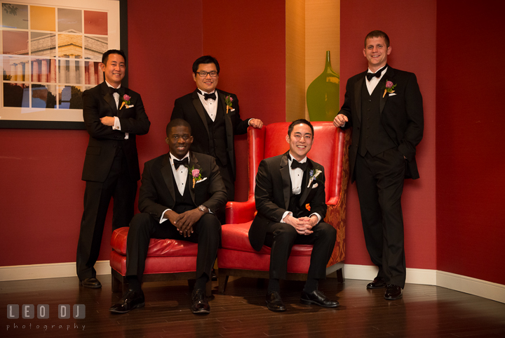 Groom, Best Man and Groomsmen ready to depart to venue. Falls Church Virginia 2941 Restaurant wedding ceremony photo, by wedding photographers of Leo Dj Photography. http://leodjphoto.com