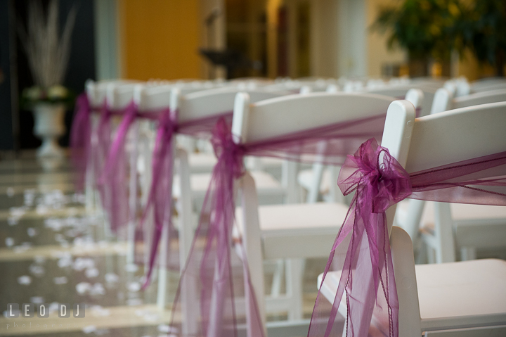 Detail shot of the chair decorations with ribbons. Falls Church Virginia 2941 Restaurant wedding ceremony photo, by wedding photographers of Leo Dj Photography. http://leodjphoto.com