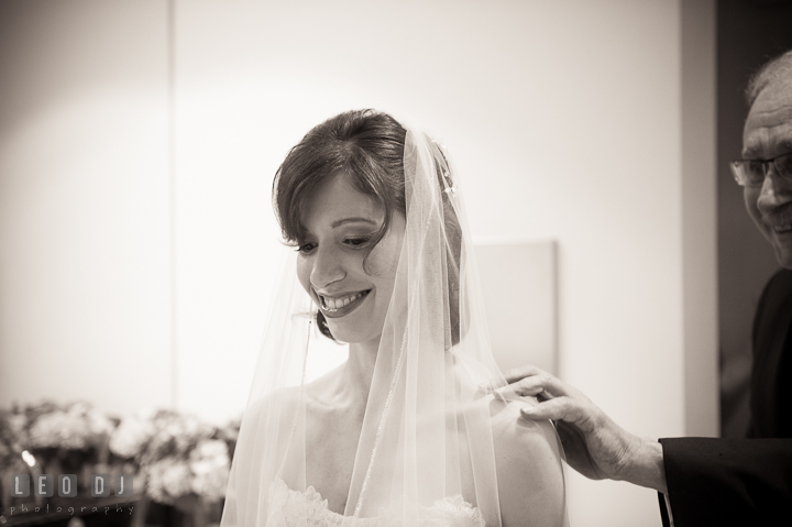 Bride waiting for Dad to see her for the first time in Wedding dress. Falls Church Virginia 2941 Restaurant wedding ceremony photo, by wedding photographers of Leo Dj Photography. http://leodjphoto.com