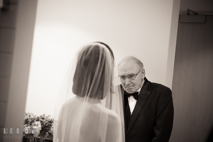 Father of Bride seeing daughter for the first time in her wedding dress. Falls Church Virginia 2941 Restaurant wedding ceremony photo, by wedding photographers of Leo Dj Photography. http://leodjphoto.com