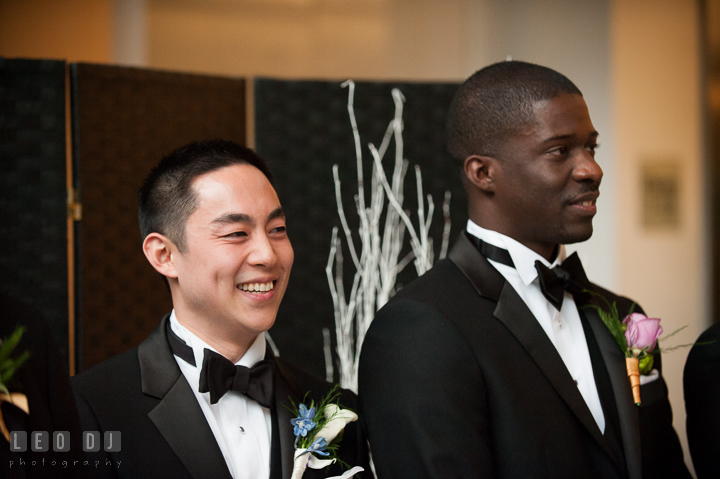 Groom smiling seeing Bride in her wedding gown for the first time. Falls Church Virginia 2941 Restaurant wedding ceremony photo, by wedding photographers of Leo Dj Photography. http://leodjphoto.com