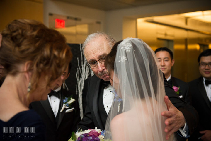 Father of Bride emotional while giving away daughter. Falls Church Virginia 2941 Restaurant wedding ceremony photo, by wedding photographers of Leo Dj Photography. http://leodjphoto.com