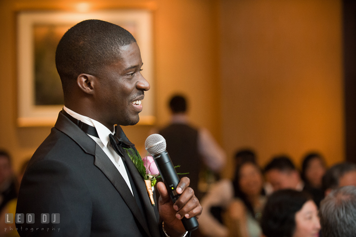 Best Man delivering his toast speech. Falls Church Virginia 2941 Restaurant wedding reception photo, by wedding photographers of Leo Dj Photography. http://leodjphoto.com