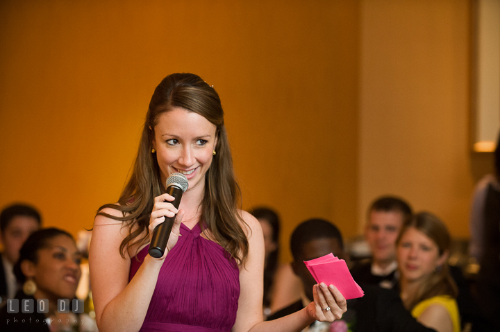 Maid of Honor delivering her toast speech. Falls Church Virginia 2941 Restaurant wedding reception photo, by wedding photographers of Leo Dj Photography. http://leodjphoto.com