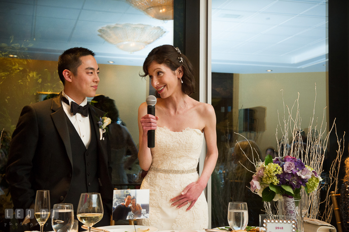 Bride delivering few words of thanks. Falls Church Virginia 2941 Restaurant wedding reception photo, by wedding photographers of Leo Dj Photography. http://leodjphoto.com