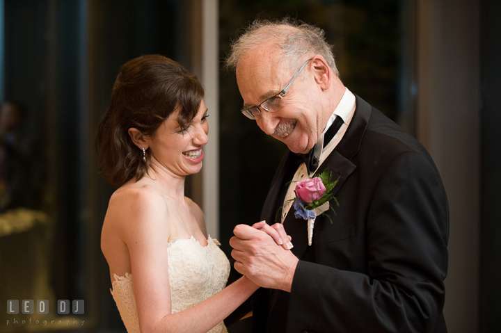 Father of Bride and daughter smiled while performing parent dance. Falls Church Virginia 2941 Restaurant wedding reception photo, by wedding photographers of Leo Dj Photography. http://leodjphoto.com