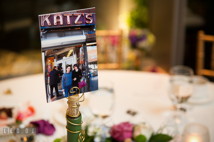Close up picture of Bride and Groom in front of Katz's Deli, NYC, New York. Falls Church Virginia 2941 Restaurant wedding reception photo, by wedding photographers of Leo Dj Photography. http://leodjphoto.com