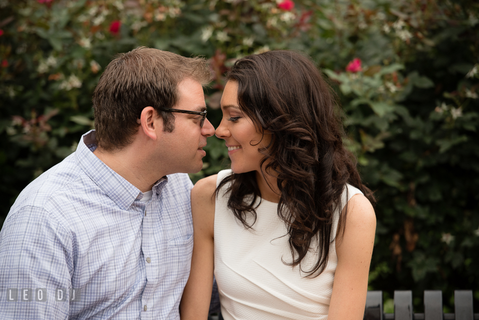 Engaged couple sitting on the bench adoring each other. Annapolis Eastern Shore Maryland pre-wedding engagement photo session at downtown, by wedding photographers of Leo Dj Photography. http://leodjphoto.com