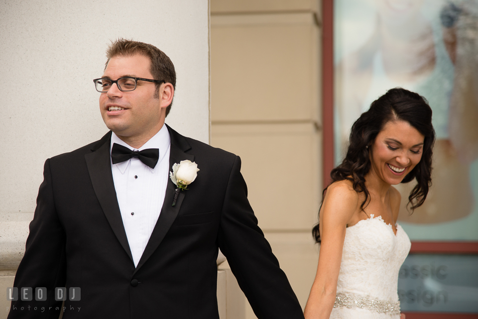 Bride and Groom talking to each other before their first glance. Loews Annapolis Hotel Maryland wedding, by wedding photographers of Leo Dj Photography. http://leodjphoto.com