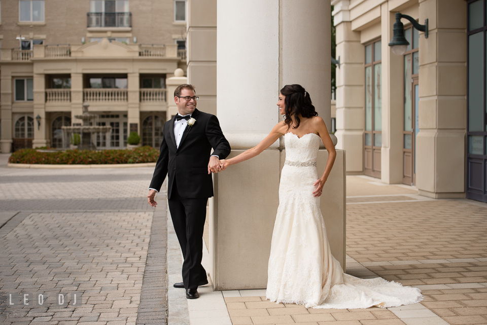 Bride and Groom seeing each other during their first look. Loews Annapolis Hotel Maryland wedding, by wedding photographers of Leo Dj Photography. http://leodjphoto.com