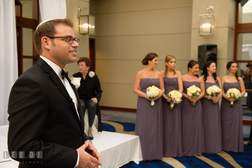 Groom seeing Bride as she walked down the aisle. Loews Annapolis Hotel Maryland wedding, by wedding photographers of Leo Dj Photography. http://leodjphoto.com