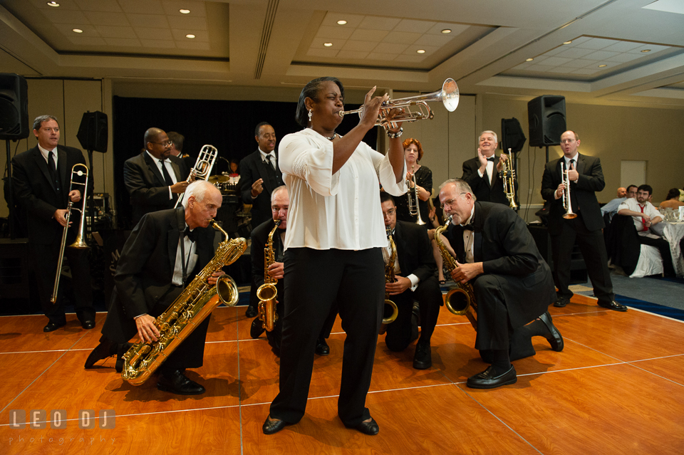 Mood Swings Band performing live with woodwinds, brass and trumpet solo. Loews Annapolis Hotel Maryland wedding, by wedding photographers of Leo Dj Photography. http://leodjphoto.com