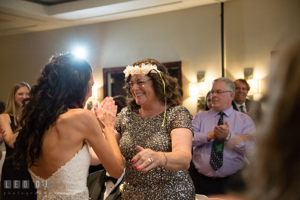 Mother of Groom happy to receive crown during Krenzel ritual. Loews Annapolis Hotel Maryland wedding, by wedding photographers of Leo Dj Photography. http://leodjphoto.com