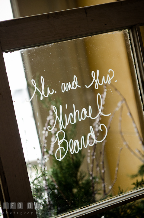 Bride and Groom's name on window glass. The Ballroom at The Chesapeake Inn wedding ceremony photos, Chesapeake City, Maryland by photographers of Leo Dj Photography.