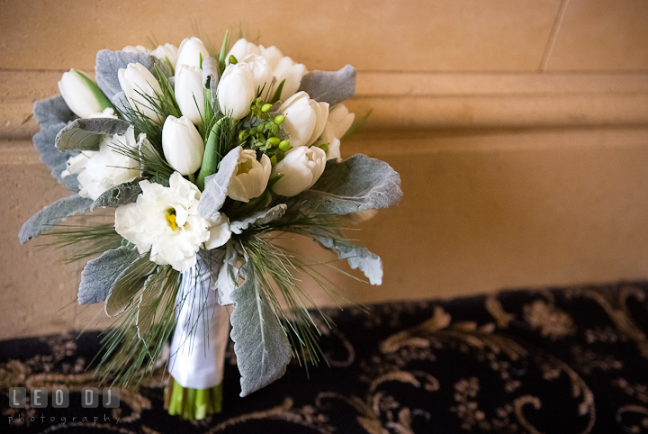 Bride's flower bouquet with white rose and tulips. The Ballroom at The Chesapeake Inn wedding ceremony photos, Chesapeake City, Maryland by photographers of Leo Dj Photography.